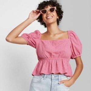 Wild Fable Puff Sleeve Eyelet Pink Cropped Top